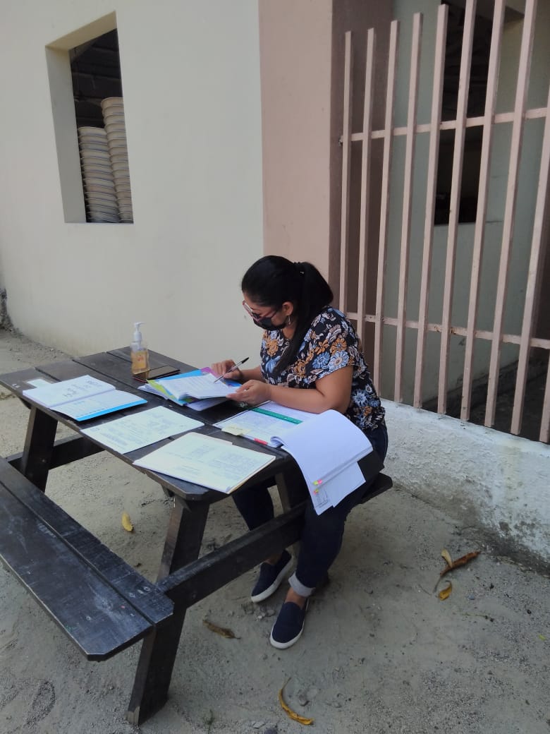 Photo of teacher grading papers